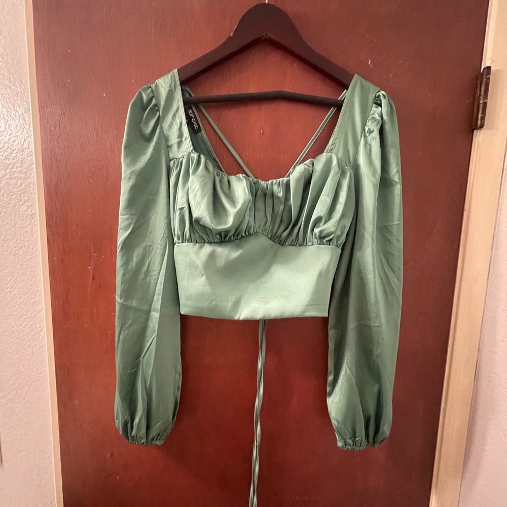 M satin green tie back blouse